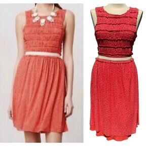 ANTHROPOLOGIE Postmark Orange Red Mesh Swiss Dots Dress Size Small